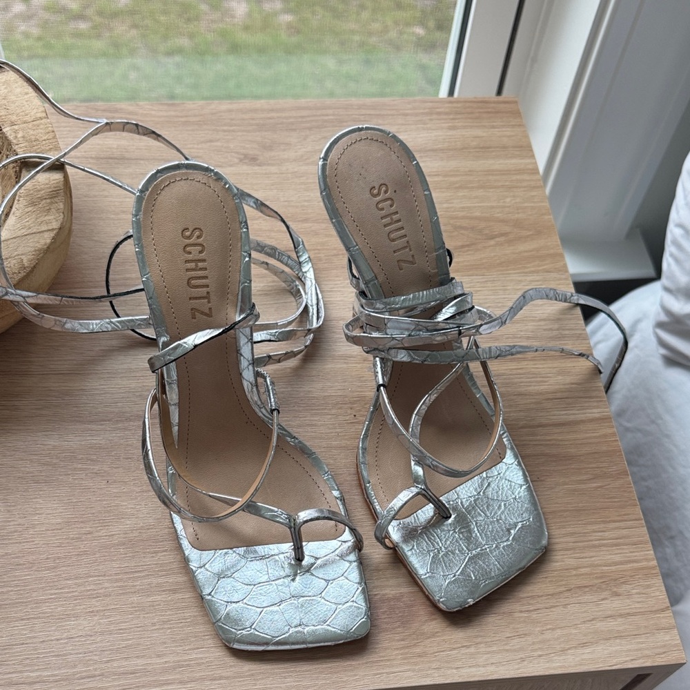 SCHUTZ Metallic Silver Strappy Heels